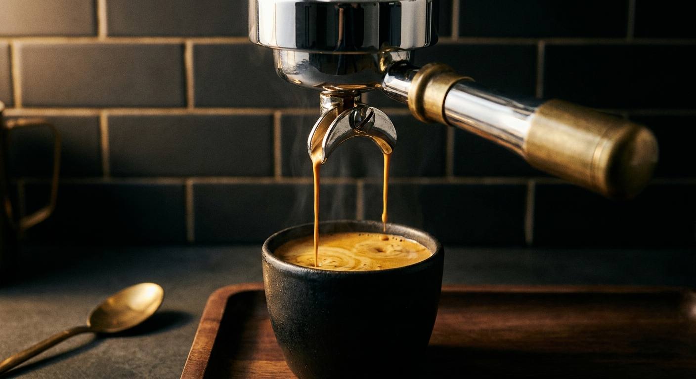 A double espresso pulling from a chrome and brass portafilter into a black ceramic cup on a walnut tray.