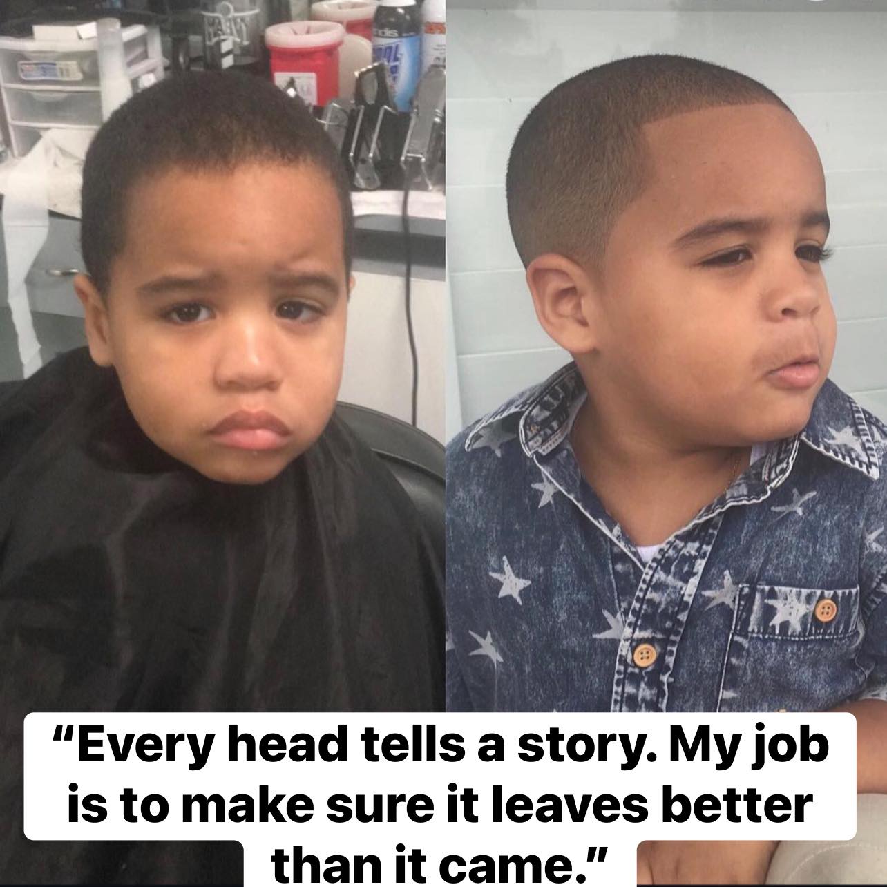 Before and after of a boy&rsquo;s cut: shaggy grow-out on the left, crisp low fade with a sharp lineup on the right.